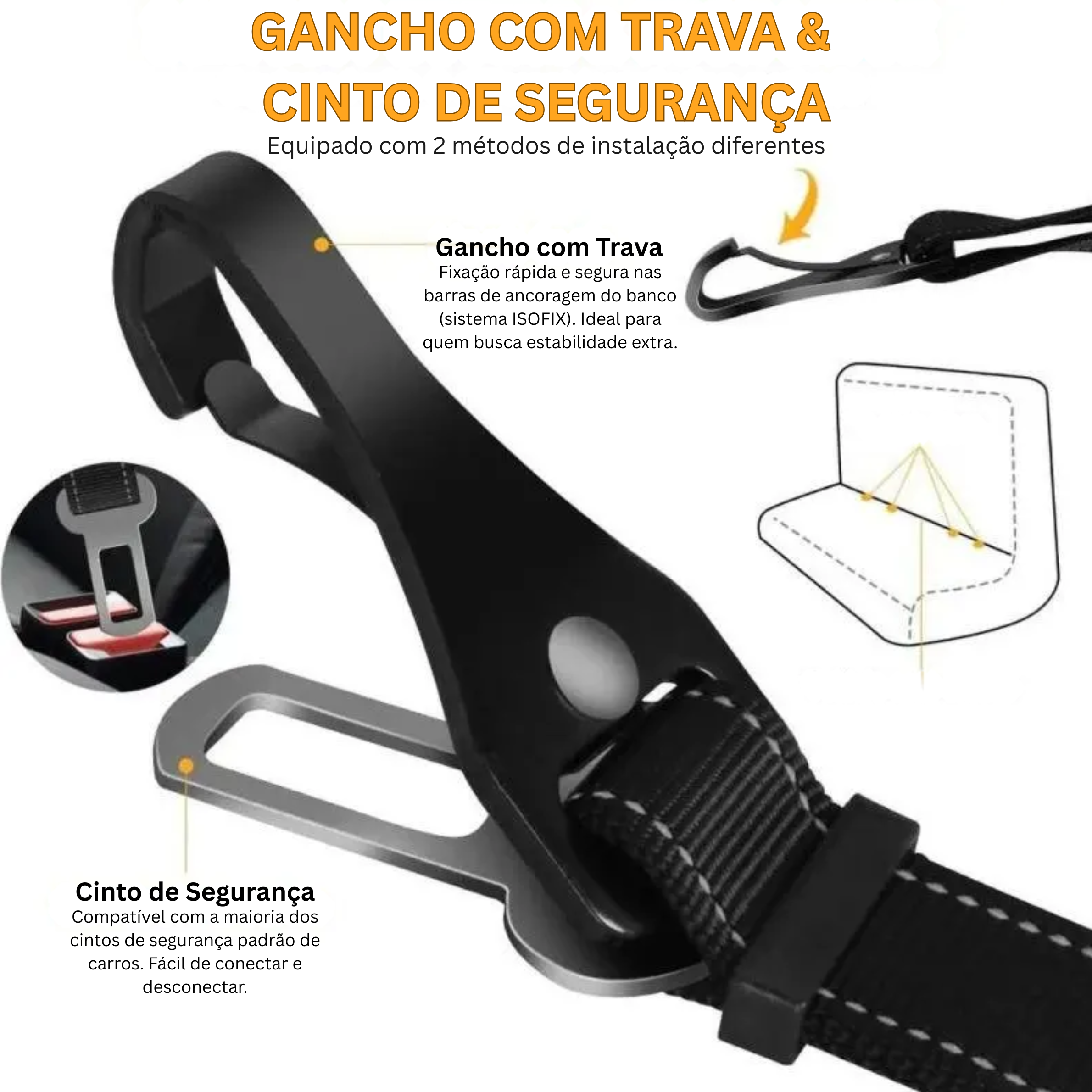 Cinto de Segurança SeguraPet 2 em 1 (Fivela Padrão + Gancho ISOFIX)